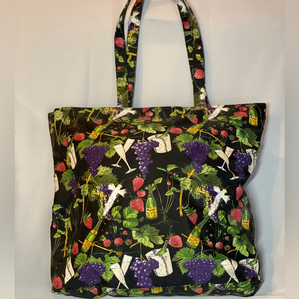 Nicole Miller Vintage Champagne and Fruit Motif Shoulder Tote and Pouch